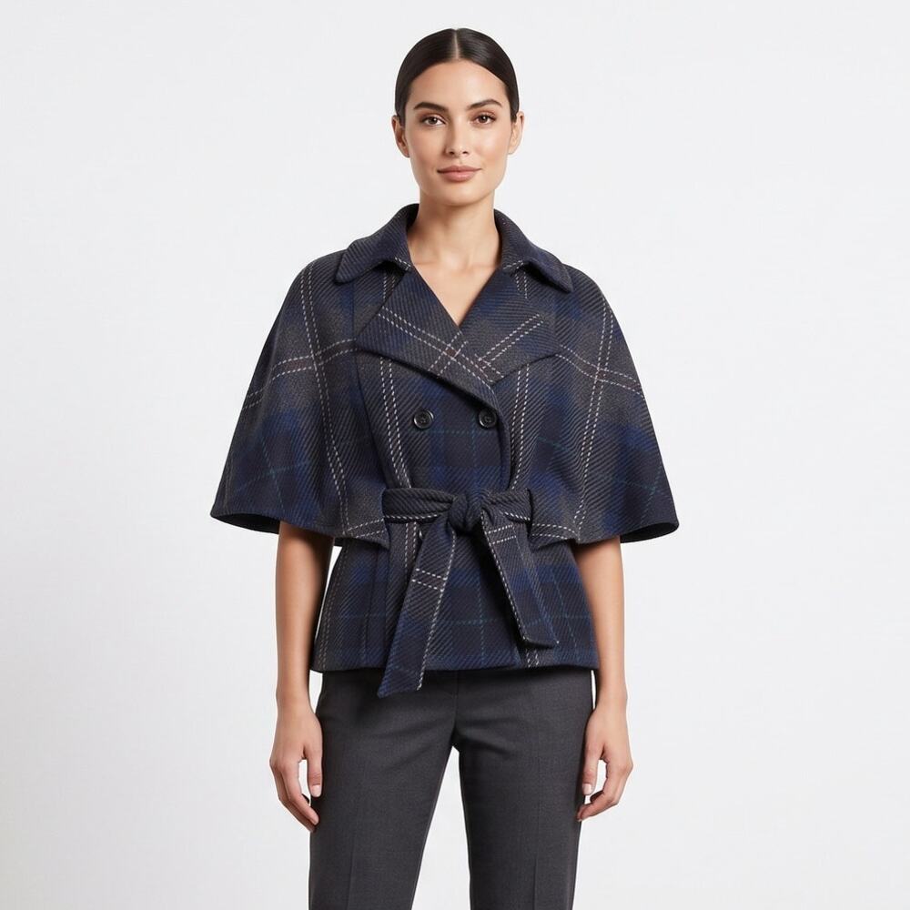 GAP Vintage Plaid Wool Capelet Jacket Poncho Coat Belted Lined Gray Blue L